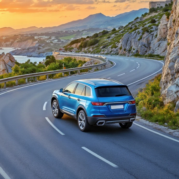 Blue car driving on a road