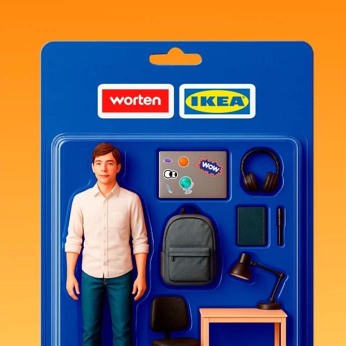 Boy with the Worten and Ikea logos, next to a computer, headphones, a desk, an office chair, a lamp, and a backpack