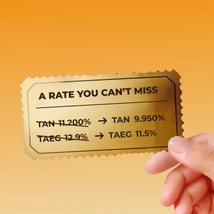 Hand holding a card that says “A rate you can't miss”