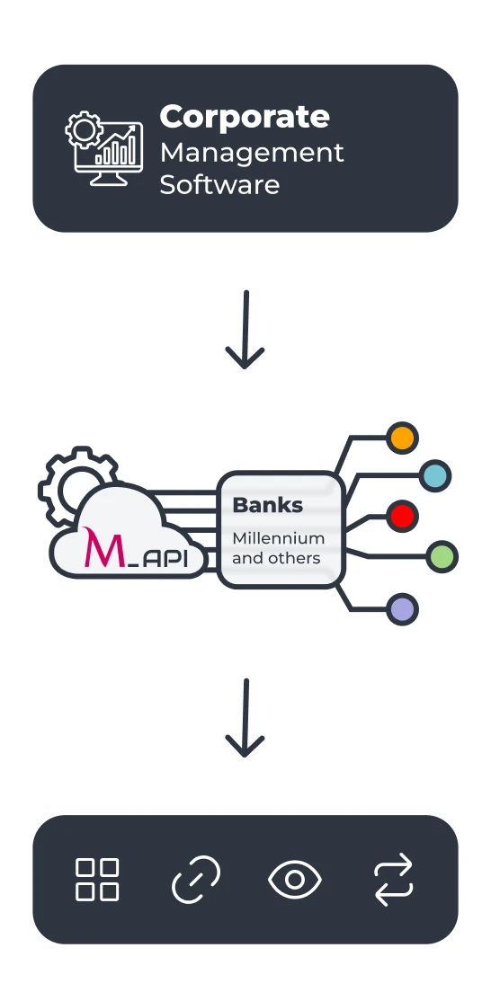 Diagram showing enterprise software integrated with banks via API and multiple features