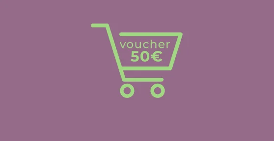 Ícone de um carrinho de compras na cor verde, sob um fundo de cor rosa velho, e o texto "voucher 50€"