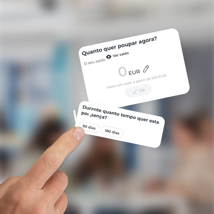 Elementos da App Millennium com escolha do montante e prazo de uma poupança