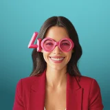 Menina sorridente com oculos pixelizados cor de rosa