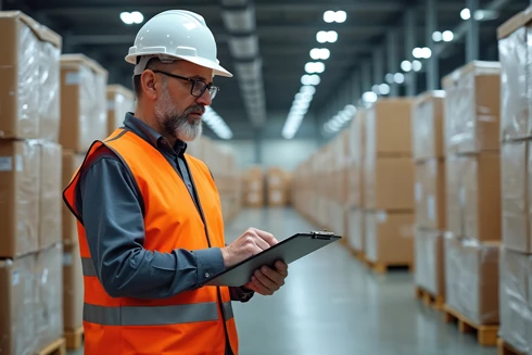 Homem com colete e capacete verifica prancheta num armazém com caixas organizadas