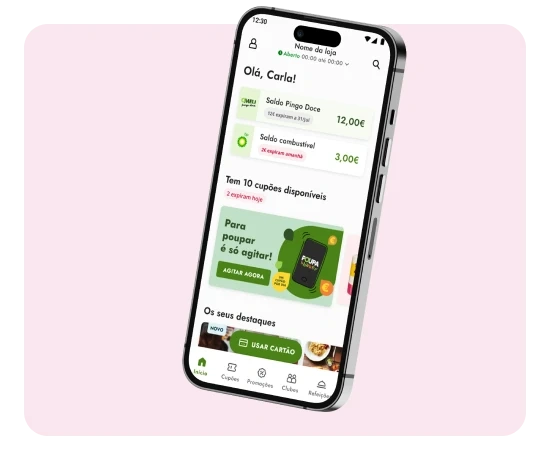 Ecrã da app Pingo Doce num smartphone com o saldo e cupões de desconto