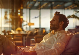 Homem relaxando em lounge de aeroporto ao pôr do sol com avião decolando ao fundo, luz quente