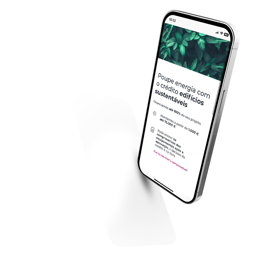 Ecrã de entrada para o simulador de Crédito Edifícios Sustentáveis na App Millennium
