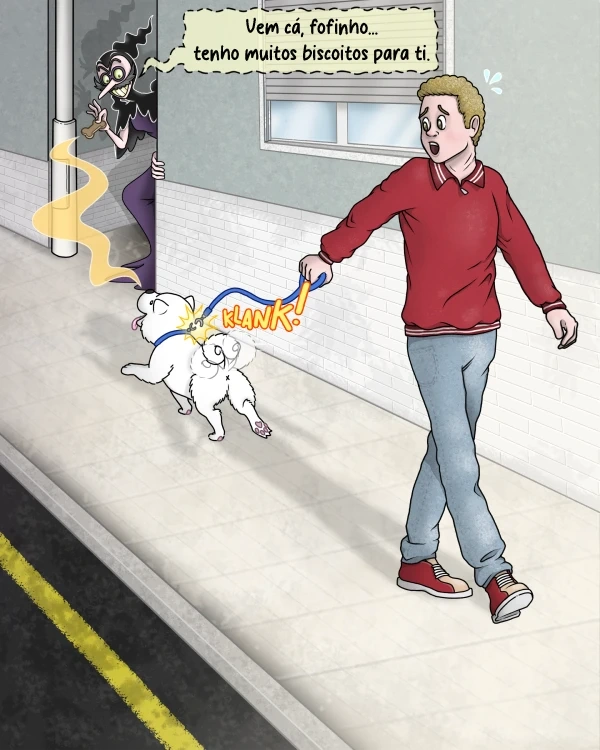 O vilão usa um osso para atrair um cão, partindo a sua trela.