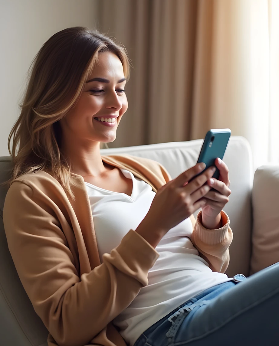 senhora sorridente sentada no sofá, com telemóvel