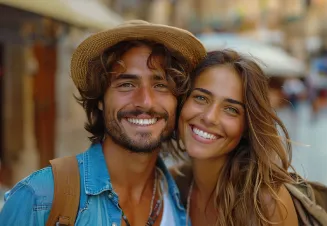 Casal sorridente a viajar