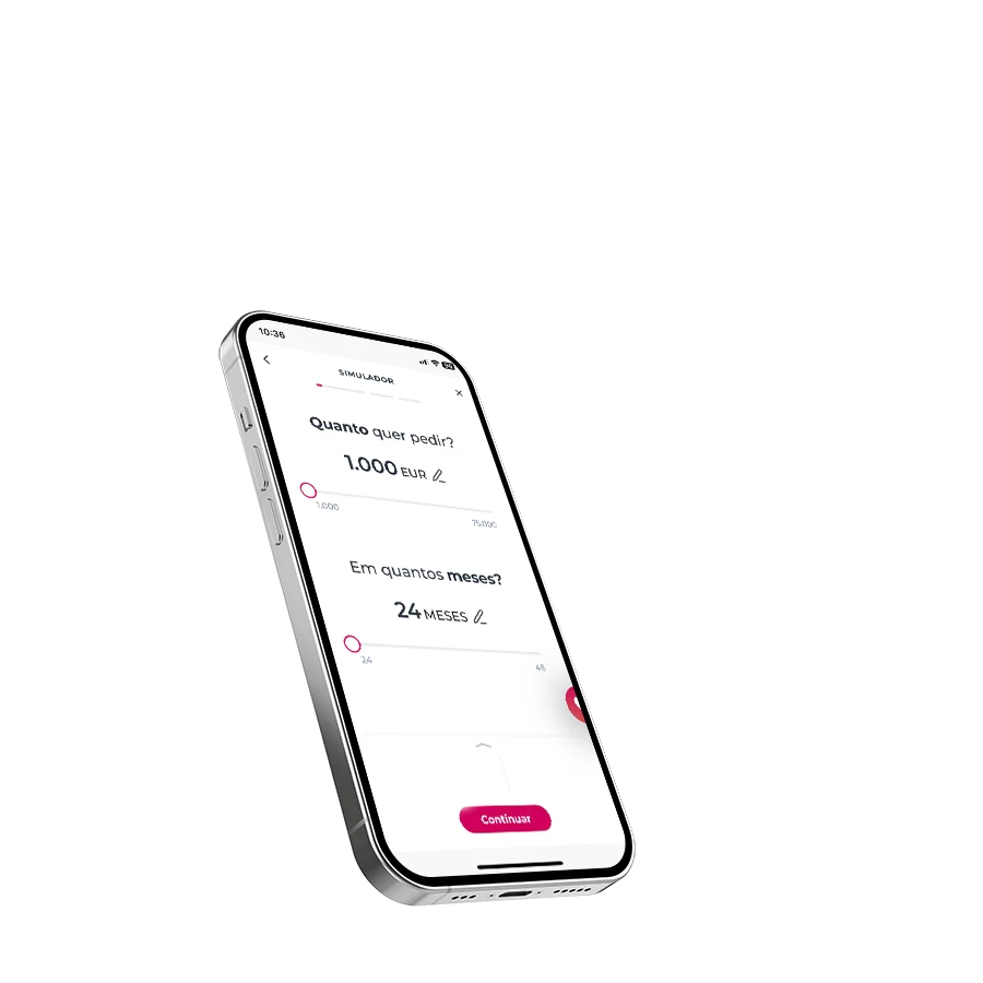 Ecrã de simulador de crédito, para se escolher montante e prazo, na App Millennium