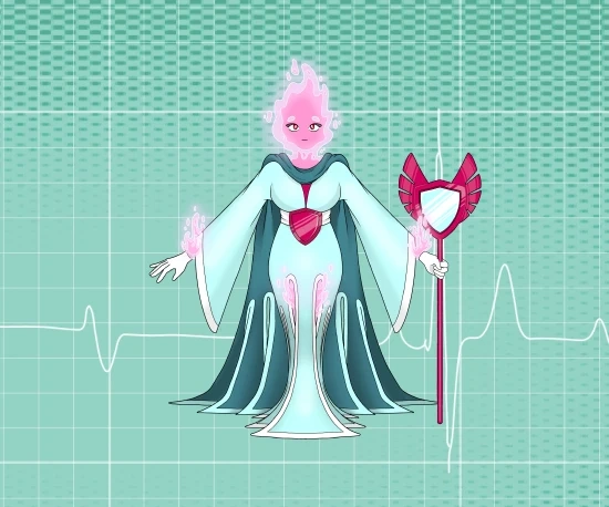 A super-heroína YOLO! em frente a um gráfico de eletrocardiograma