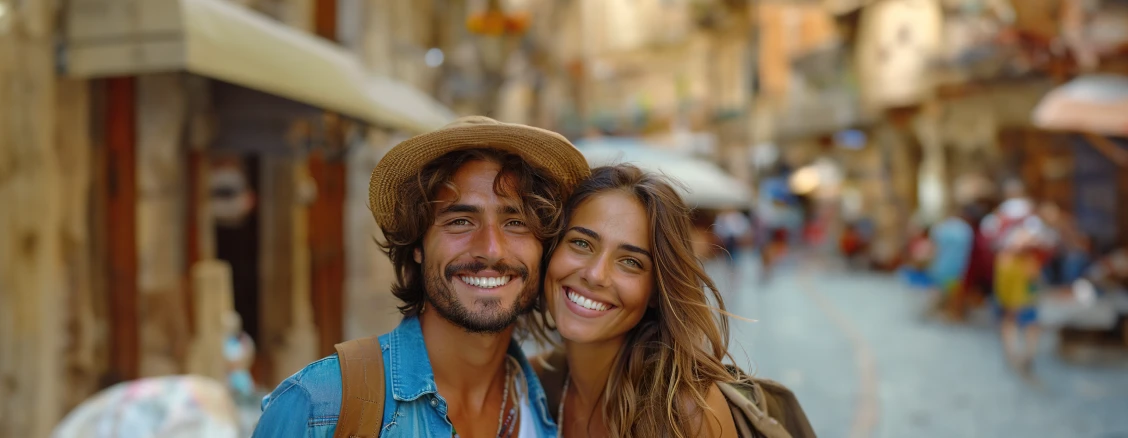 Casal na rua a sorrir com mochilas às costas