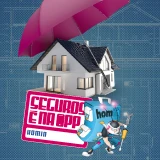 Maquete de casa sob um guarda-chuva rosa e placa a indicar seguros na app