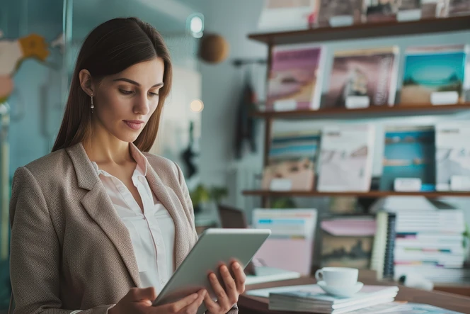woman with a tablet in an office with bookshelves