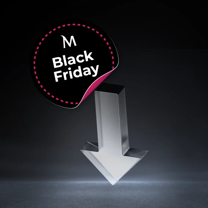 selo Black Friday e seta branca para baixo, em fundo preto