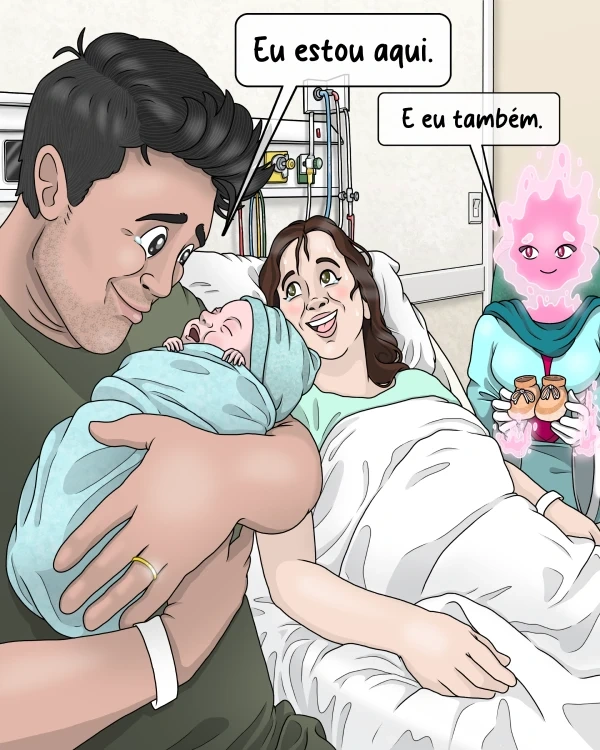 Pai segura bebé recém-nascido ao lado da mãe na cama da maternidade, com a YOLO! presente.