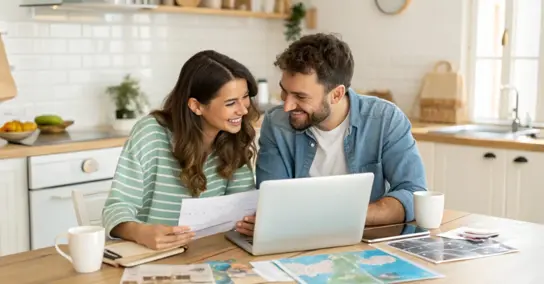 Casal feliz a olhar para documentos e um portátil na cozinha