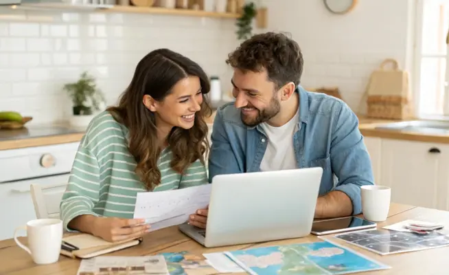 Casal feliz a olhar para documentos e um portátil na cozinha