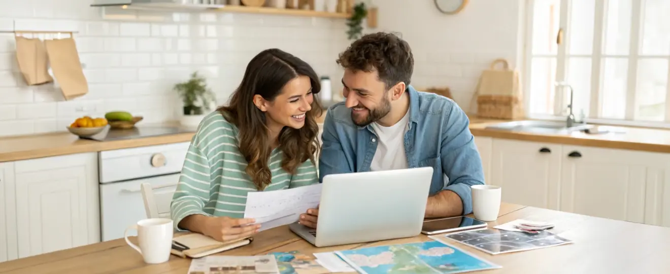 Casal feliz a olhar para documentos e um portátil na cozinha