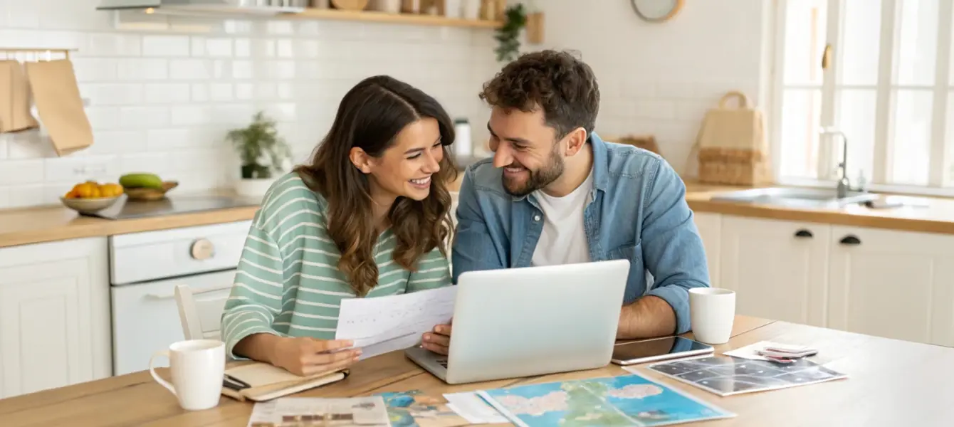 Casal feliz a olhar para documentos e um portátil na cozinha