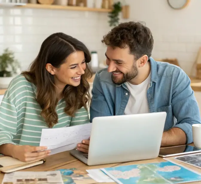 Casal feliz a olhar para documentos e um portátil na cozinha