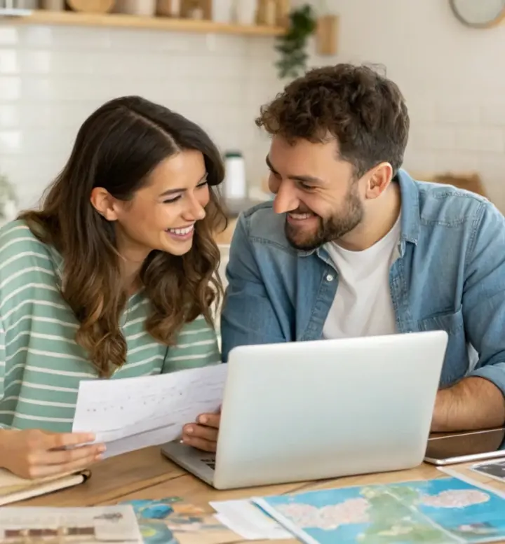 Casal feliz a olhar para documentos e um portátil na cozinha