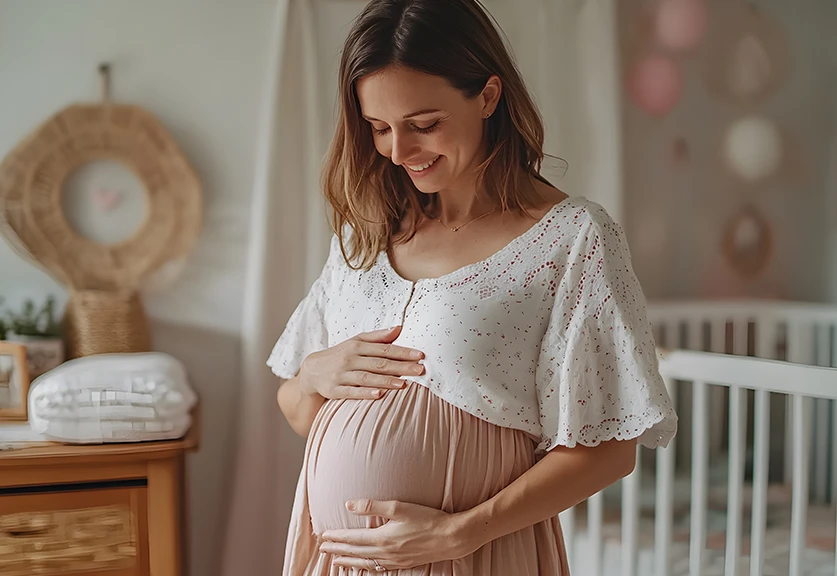 mulher grávida feliz, com mãos a acariciar a barriga, num quarto de bebé