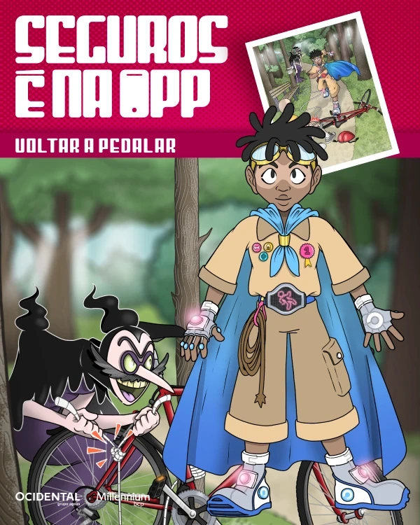 Capa da banda desenhada com o super-herói Volta. Título: Seguros é na app: Voltar a pedalar.