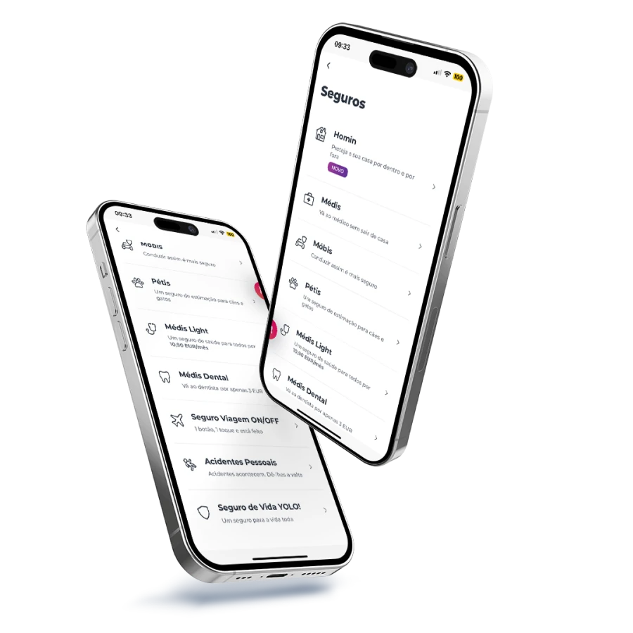 Dois telemóveis a flutuar com o ecrã de Seguros da App Millennium