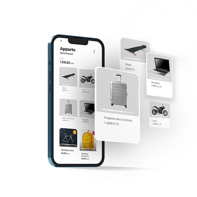 mobile phone with the Apparte screen and illustrations of the categories