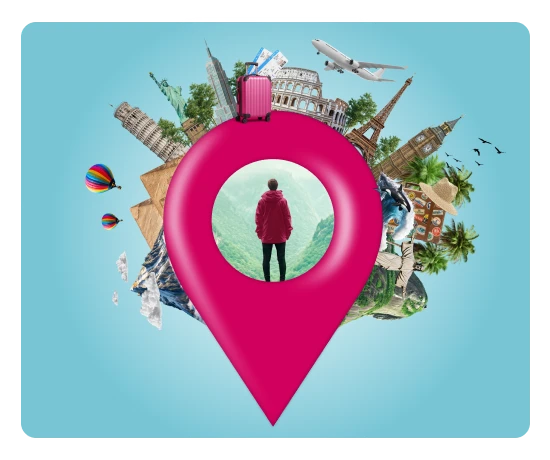 Pin de localização com viajante e ícones globais de viagem sobre fundo azul