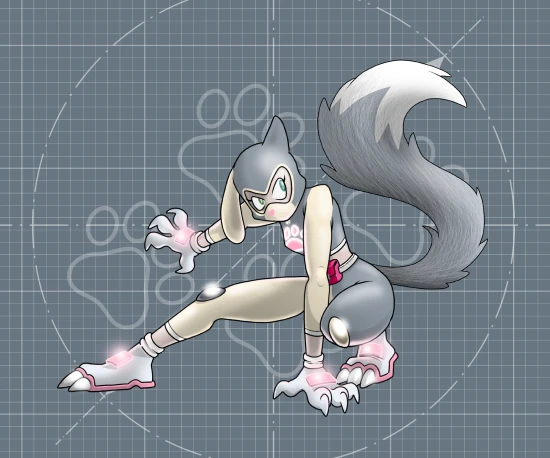 Desenho da personagem Pétis em pose de luta sobre um fundo de planta técnica com desenhos de patas animais.