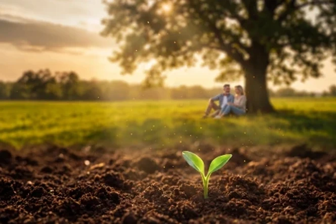 Uma pequena planta cresce no solo, enquanto um casal repousa à sombra de uma grande árvore