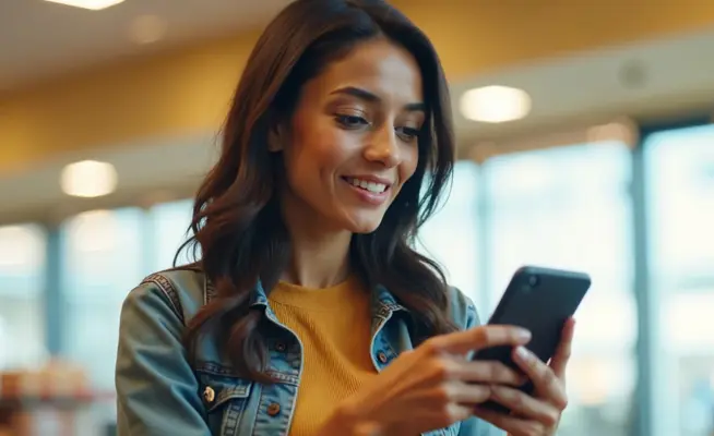 Mulher sorridente a usar telemóvel num ambiente de loja