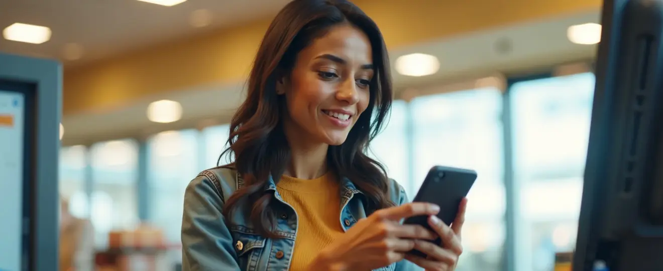 Mulher sorridente a usar telemóvel num ambiente de loja