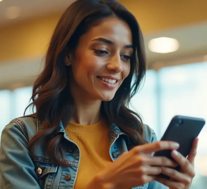 Mulher sorridente a usar telemóvel num ambiente de loja