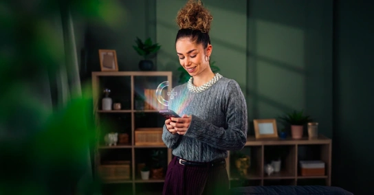 Mulher com telemóvel de onde sai o ícone da Chave Móvel Digital