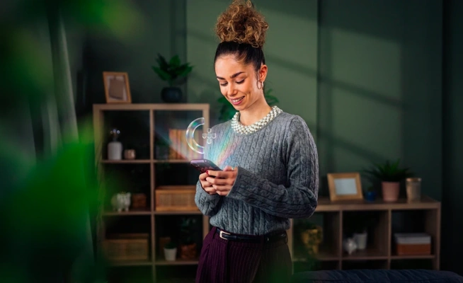 Mulher com telemóvel de onde sai o ícone da Chave Móvel Digital