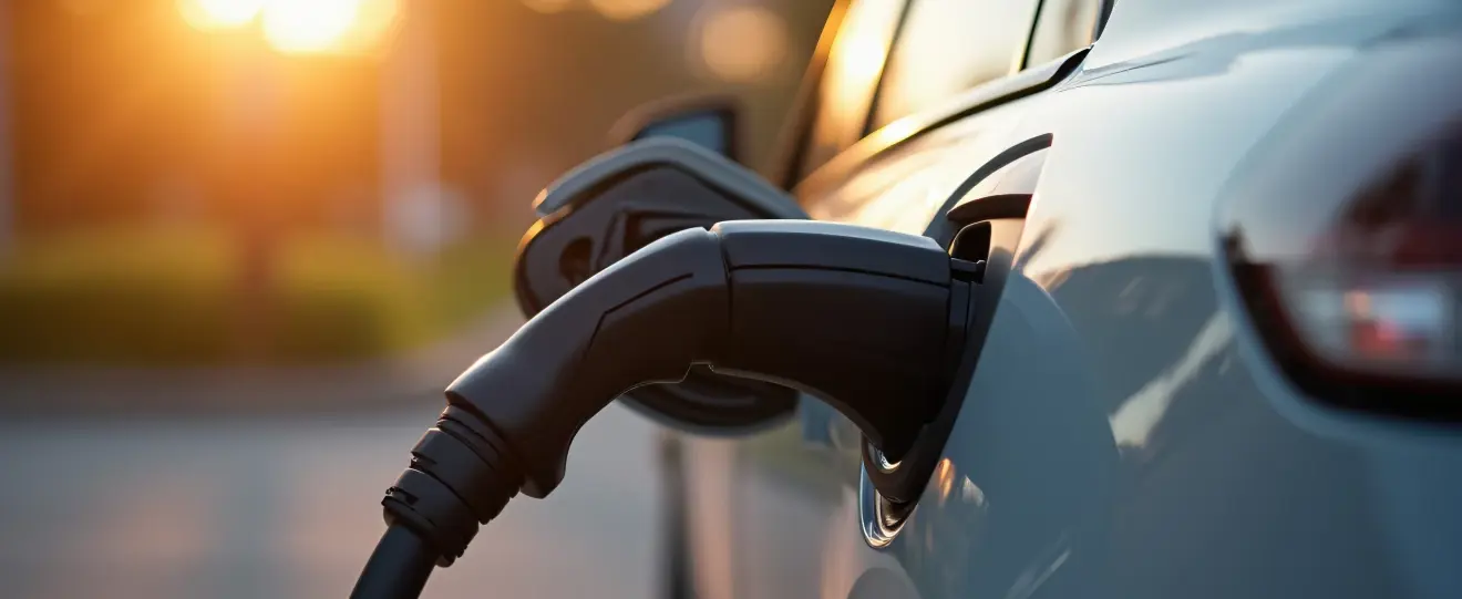Carro elétrico a carregar a bateria ao pôr do sol