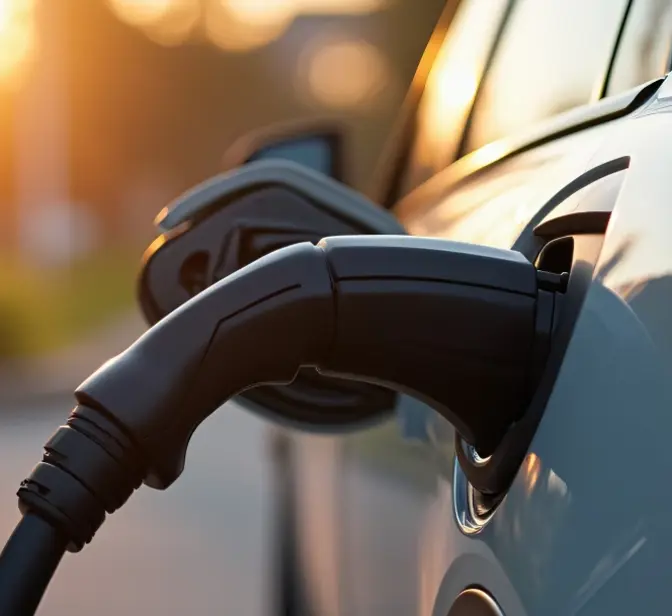 Carro elétrico a carregar a bateria ao pôr do sol