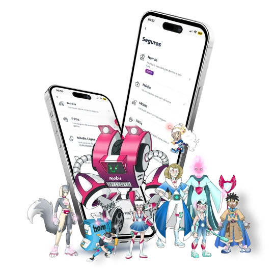 Ecrãs da App Millennium com os heróis dos seguros Millennium