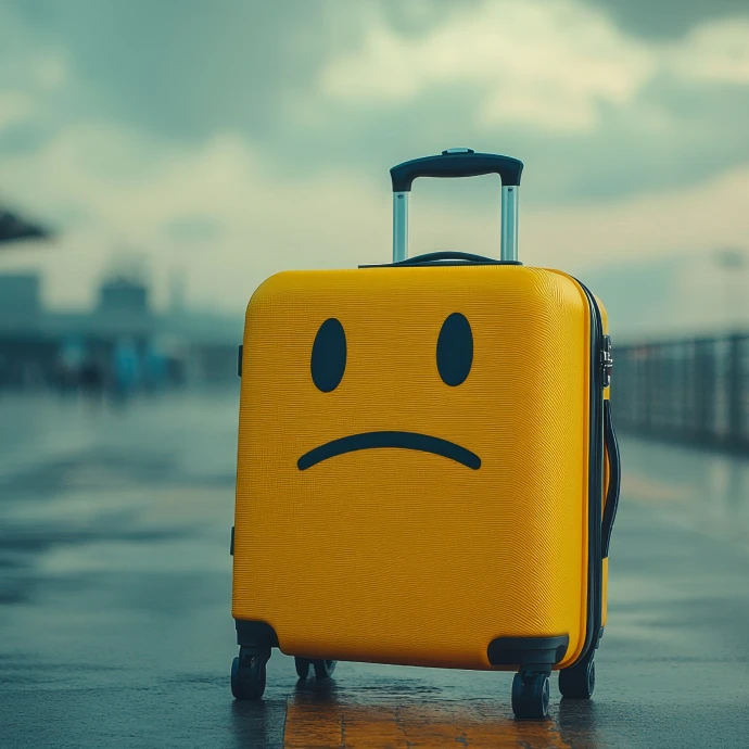 Mala de viagem pintada com uma cara triste