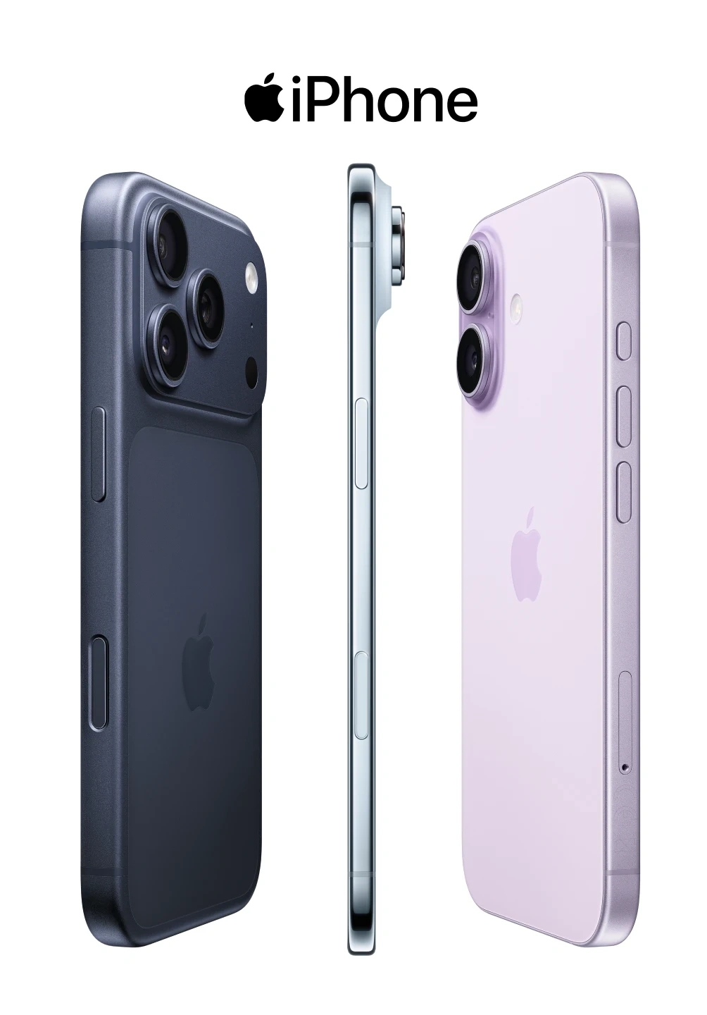 Três modelos de iPhone em azul-escuro, azul-claro e lilás sobre fundo branco