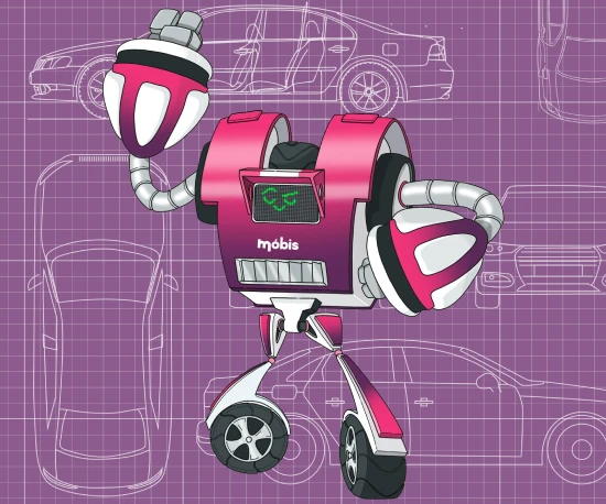O super-herói Móbis a acenar, sobre um fundo roxo com desenhos técnicos de carros