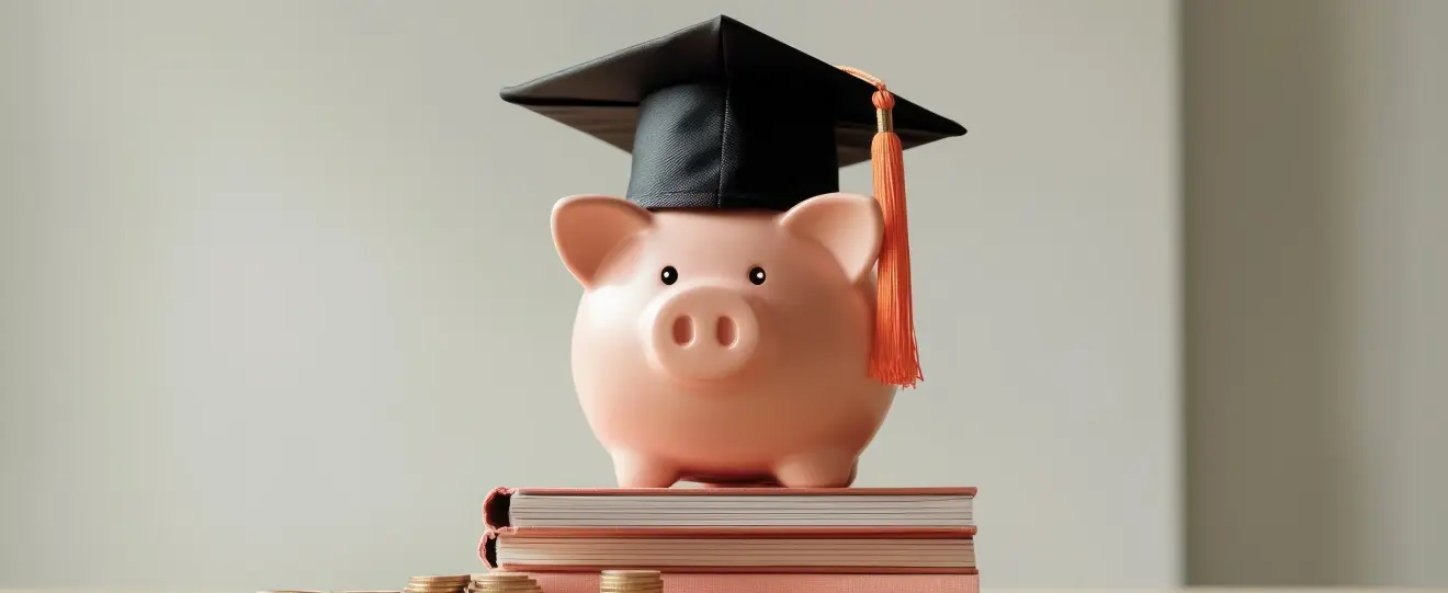 Mealheiro com chapéu de formatura em cima de livros e moedas
