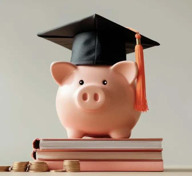 Mealheiro com chapéu de formatura em cima de livros e moedas