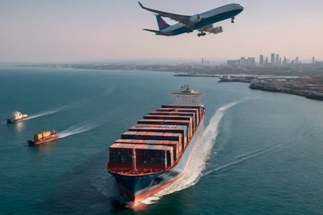 Container ship sailing with an aeroplane flying over a coastal city