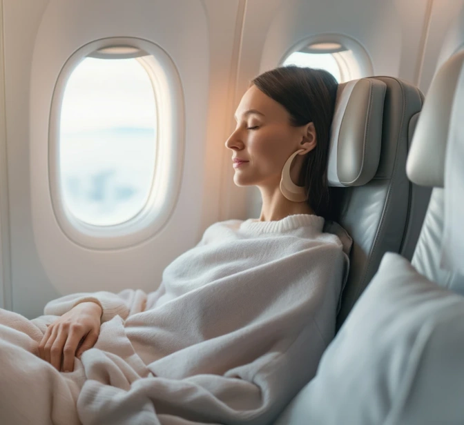 Mulher a descansar confortavelmente num voo de avião