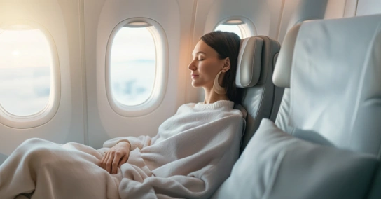 Mulher a descansar confortavelmente num voo de avião